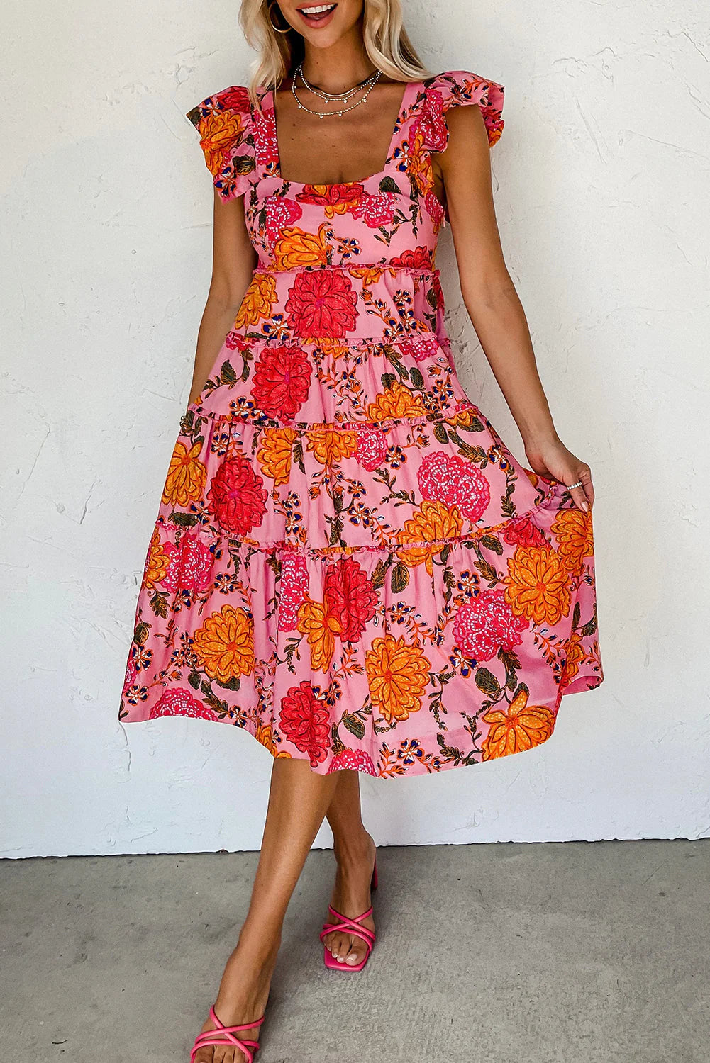 Pink Floral Square Neck Midi Dress