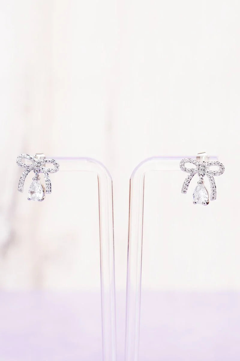 Crystal Avenue Teardrop Crystal Silvertone Bow Earrings