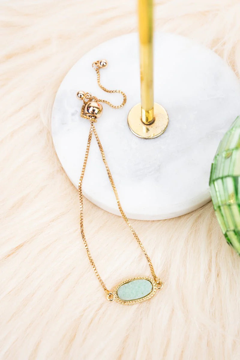 Crystal Avenue Worn Goldtone and Light Amazonite Druzy Adjustable Bracelet