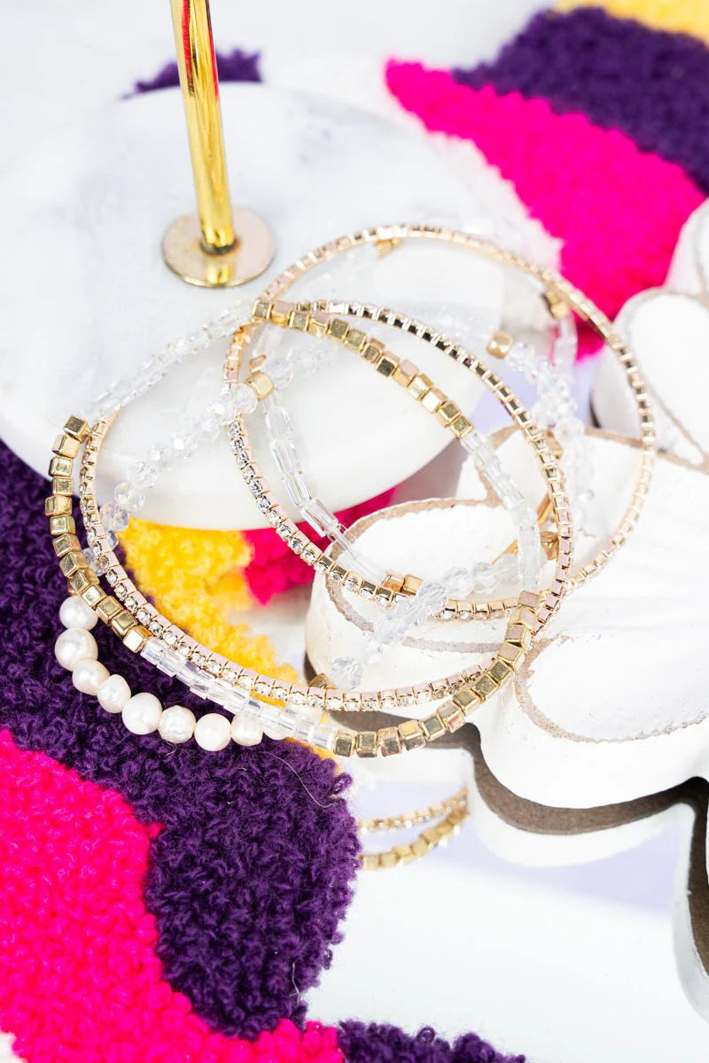 Crystal Avenue Teagan Light Clear & Pearl Goldtone Bracelet Set