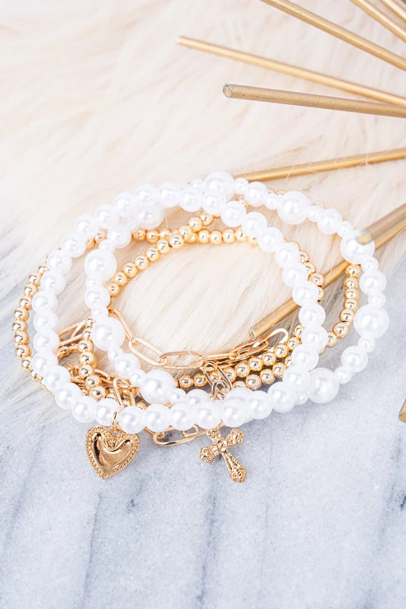 Crystal Avenue Keilani Goldtone and Pearl Beaded Bracelet Set