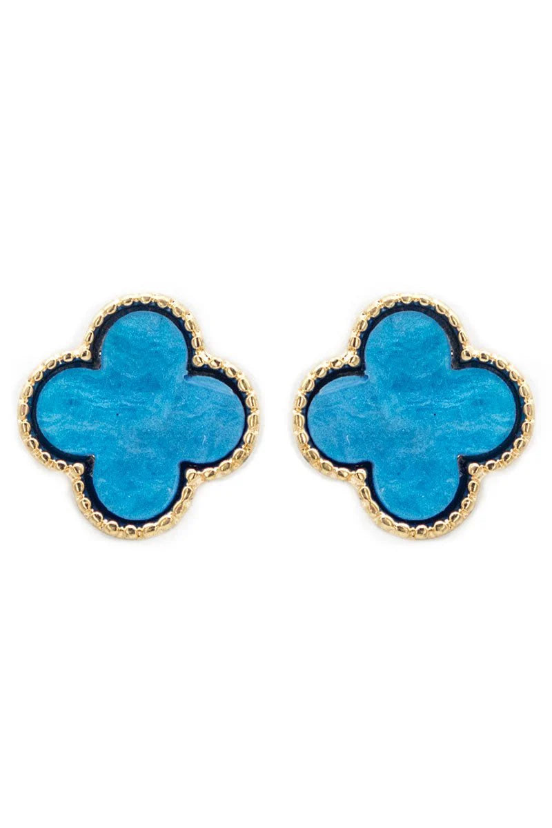 Viola Goldtone Trimmed Blue Shell Quatrefoil Earrings