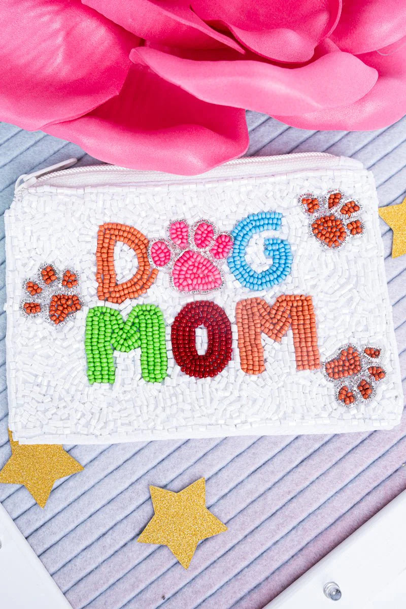 Viola Dog Mom White Seed Bead Coin Purse