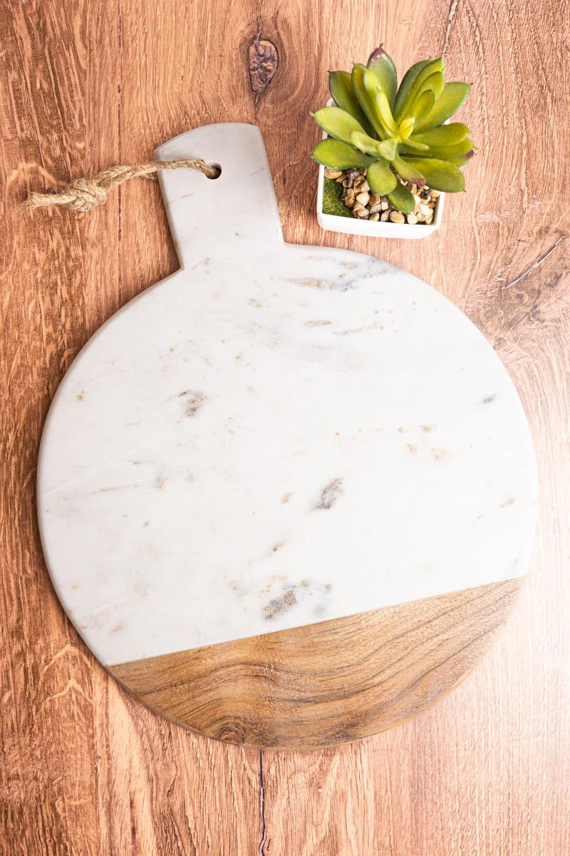 Antonella White Marble and Wood Round Serving Board