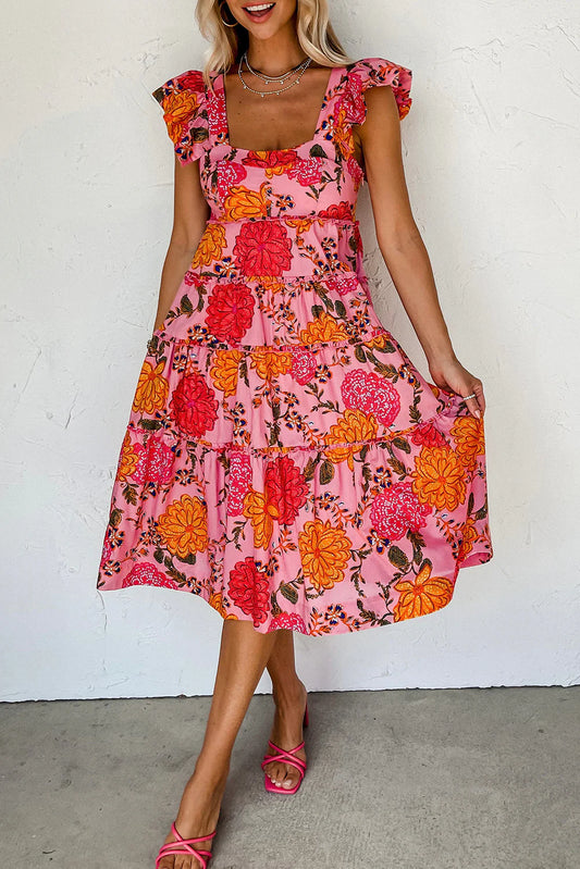 Pink Floral Square Neck Midi Dress