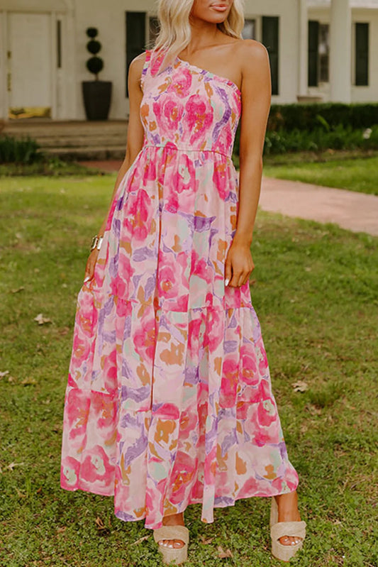 Pink Abstract Floral One Shoulder Maxi