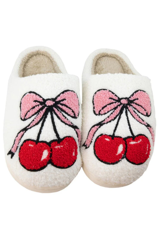 Cherry Bow Fuzzy Slippers